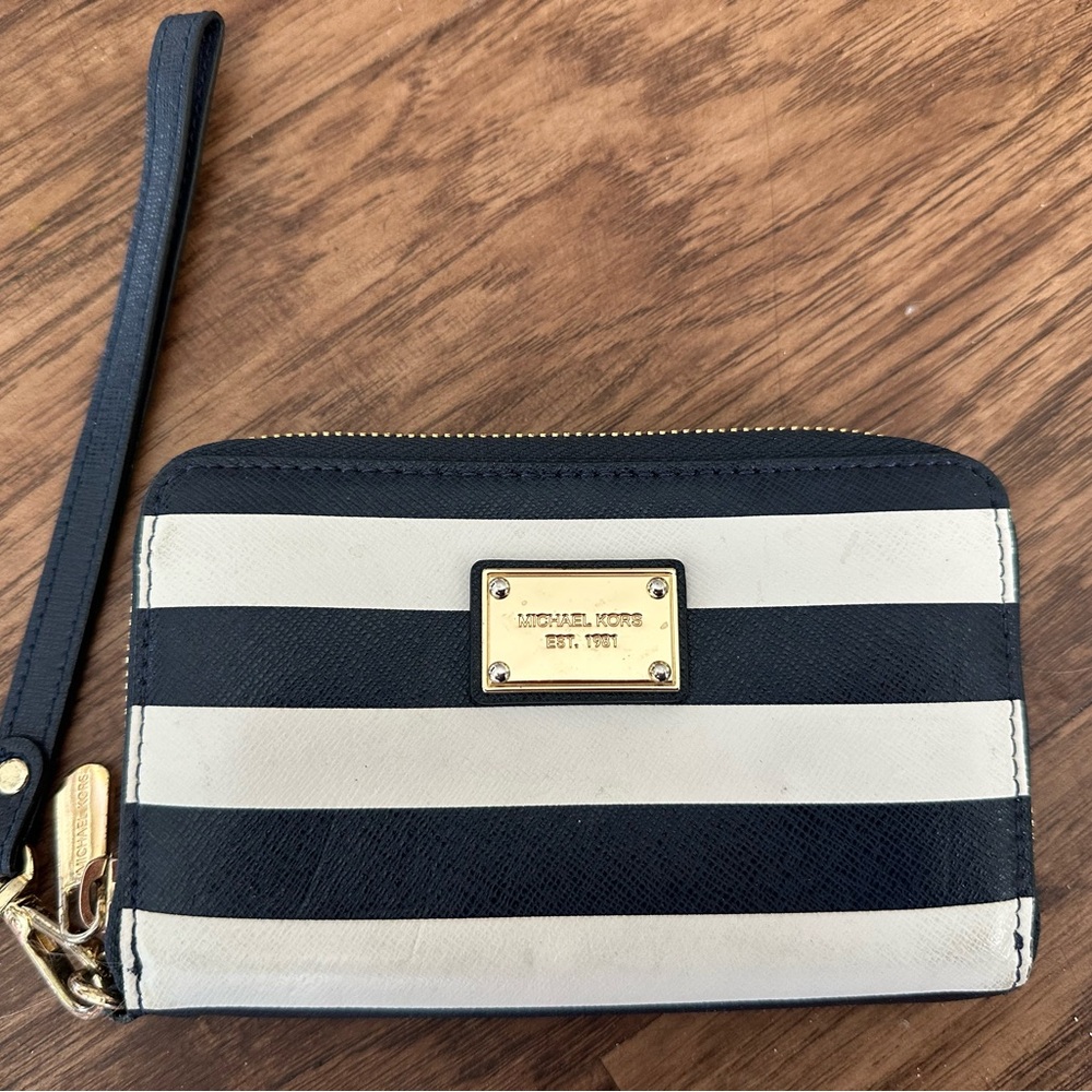 Michael Kors Black and Cream Striped Wristlet